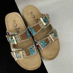 Uysal Ayakkabı 103 Camel Taşlı Çift Tokalı Kadın Terlik