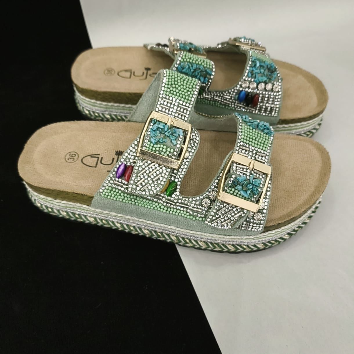 Uysal Ayakkabı 103 Yeşil Taşlı Çift Tokalı Kadın Terlik