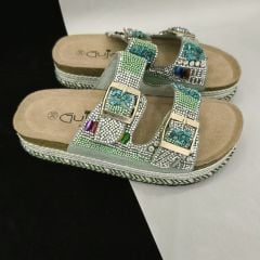 Uysal Ayakkabı 103 Yeşil Taşlı Çift Tokalı Kadın Terlik