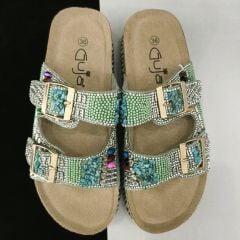 Uysal Ayakkabı 103 Yeşil Taşlı Çift Tokalı Kadın Terlik